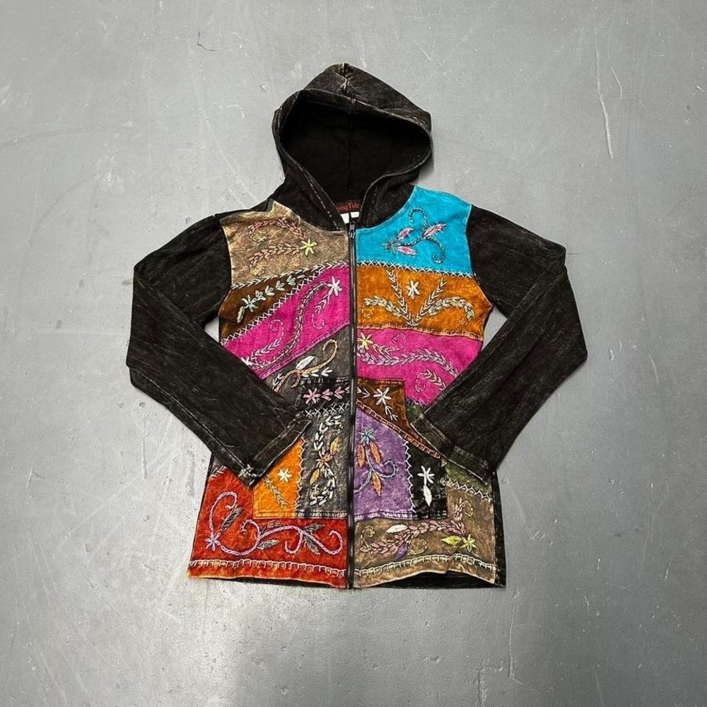 y2k women's grunge black and multicolored patchwork zip up lightweight hoodie